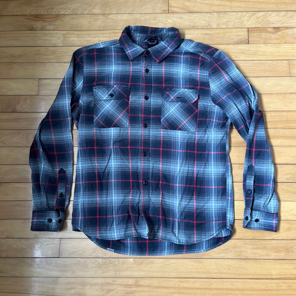 Chrome Industries Mens XL Plaid Flannel Button Up Shirt Grey Black Red Cycling